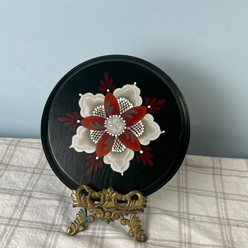 Hand Painted Scandinavian Style Floral Wood Wall Plaque Round Folk Art Decor